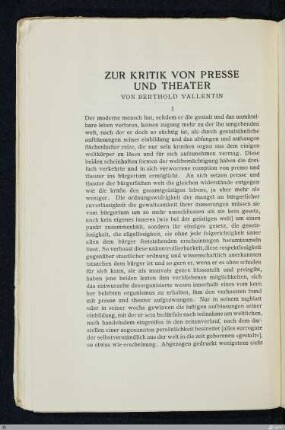 Zur Kritik von Presse und Theater / von Berthold Vallentin