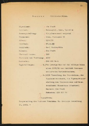 Stadttheater, Bochum: Schriftstück zum Fragebogen für das Handbuch »Das Deutsche Theater«