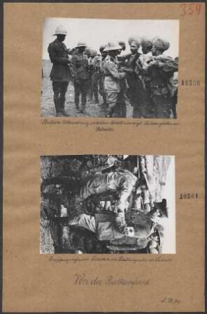 Von der Balkanfront: Ärztliche Untersuchung indischer Soldaten im engl. Schützengraben vor Saloniki