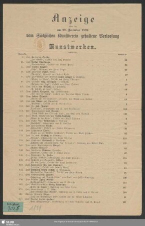 1899: Anzeige über die am ... vom Sächsischen Kunstverein gehaltene Verlosung von Kunstwerken