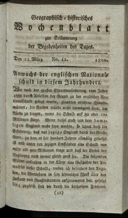 No. 12. Den 22. März 1800. Anwachs der englischen Nationalschuld in diesem Jahrhundert.