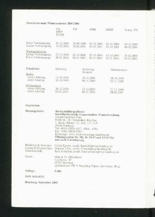 Semestertermine Wintersemester 2000/2001