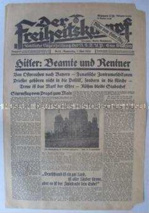 Tageszeitung der NSDAP für den Gau Sachsen "Der Freiheitskampf" zum Wahlkampf Hitlers in Bayern