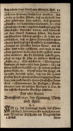 Das achte Kapitel. Betreffend 1747. den Hornung, Mertz und April