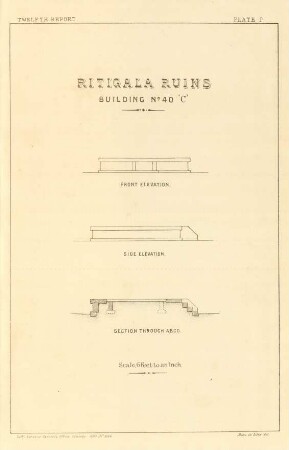 Plate P. Ritigala ruins. Building No. 40 "C". Front elevation. Side elevation. Section through A. B. C. D.