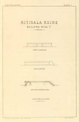 Plate P. Ritigala ruins. Building No. 40 "C". Front elevation. Side elevation. Section through A. B. C. D.