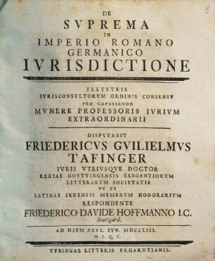 De Svprema In Imperio Romano-Germanico Ivrisdictione : ad Diem XXVI. Iun. MDCCLIII. H.L.Q.C.