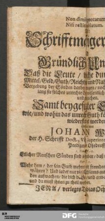 Non dimittitur peccatum, Nisi restituatur ablatum. Schrifftmässiger Beweis und Gründlicher Unterricht, Daß...