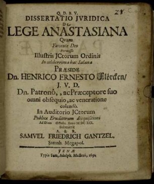 Dissertatio Iuridica De Lege Anastasiana