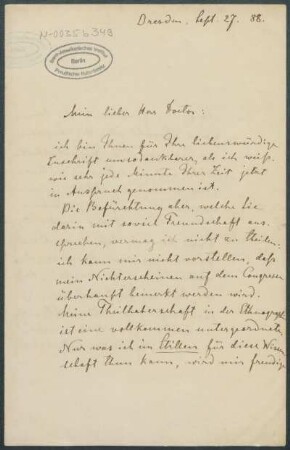 27. September 1888, Dresden [Brief von Alphons Stübel an Max Uhle]