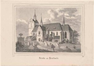 Die Kirche und der Friedhof in Briesnitz (Dresden-Briesnitz) westlich von Dresden (um 1260, 15. Jh., Turm 1602, vor dem neogot. Umbau durch Möckel 1881/82) von Süden, aus Sachsens Kirchen-Galerie von Hermann Schmidt, 1837
