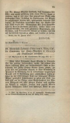 18. Allerhöchste Cabinets-Order vom 8. März 1747, die Ernennung des Etats-Ministers v. Cocceji zum Großkanzler betreffend.