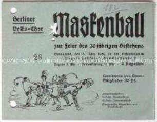 Eintrittskarte zum Maskenball anlässlich des 30jährigen Bestehens des Berliner Volks-Chores