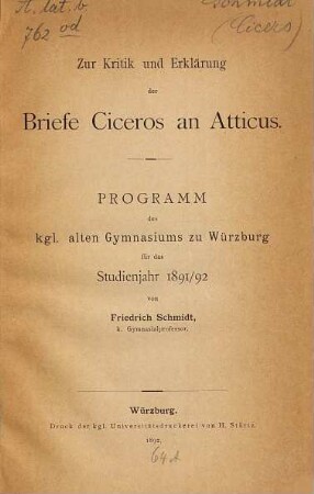 Zur Kritik und Erklärung der Briefe Ciceros an Atticus