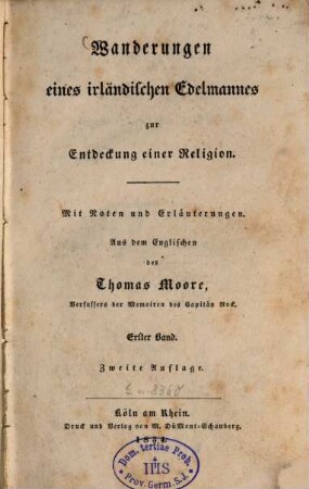Wanderungen eines irländischen Edelmannes zur Entdeckung einer Religion : Mit Noten und Erläuterungen. 1. - XIV, 180 S.