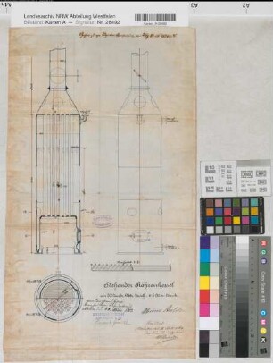 Neuahlen (Ahlen) Bauerschaft Hallene Grube Elise Kesselanlage stehender Röhrenkessel Grundriß, Schnitt 1883 1 : 215 55 x 32 Zeichnung Bergämter Nr. 5366