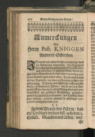 Anmerckungen über Herrn Past. Kniggen Antwort-Schreiben.