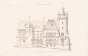 Jagdschloss, Mrossowa-Gora: Seitenansicht (aus: Atlas zur Zeitschrift für Bauwesen, hrsg. v. F. Endell, Jg. 26, 1876)