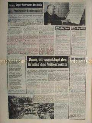 Propagandazeitung der FDJ für die Jugend in der Bundesrepublik u.a. zu einer Pressekonferenz über die NS-Vergangenheit von Bundespräsident Heinrich Lübke und zu den Ostermärschen in der Bundesrepublik