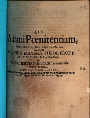 Adami Poenitentiam, Dissertatione Theologica