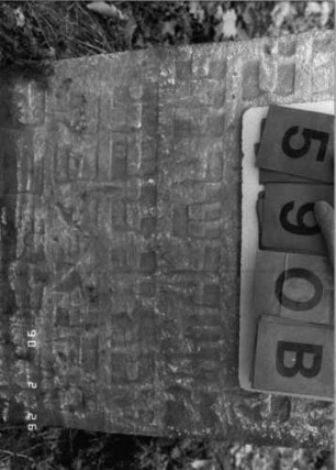 Grabstein 590 (Index: 100115298) Material: Sandstein Zustand: verwittert Maße HxBxT: 80x54x10 cm Beschreibung: Stele mit Rundbogenabschluß: Grabstein 590B