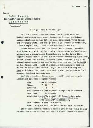 Antwortschreiben der Württ. Naturaliensammlung an das Universitetets Zoologiske Museum Kopenhagen bezüglich Sammlungsstücke von Isand