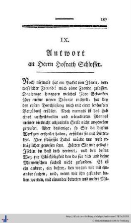 IX. Antwort darauf von Herrn Rathschreiber Iselin