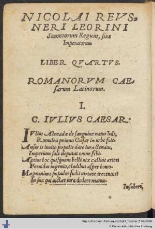 Nicolai Reusneri Leorini Summorum regum Liber Quartus.