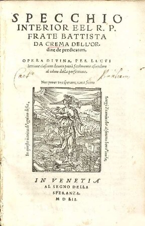 Specchio Interior Eel R. P. Frate Battista Da Crema Dell'Ordine de predicatori : Opera Divina, Per La Cvi lettione ciascuno deuoto potrà facilmente ascendere al colmo della perfettione
