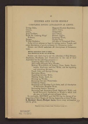 Heinke and Davis supply complete diving apparatus as above