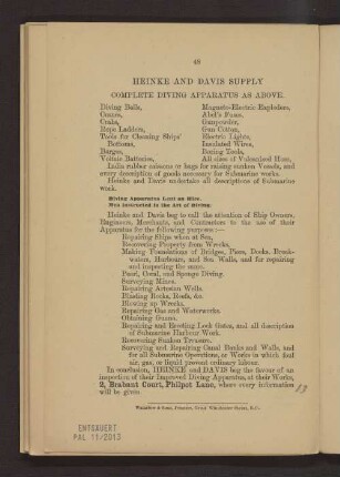 Heinke and Davis supply complete diving apparatus as above