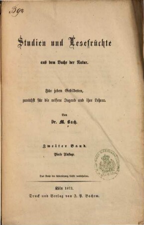 Studien und Lesefrüchte aus dem Buche der Natur : für jeden Gebildeten, zunächst für die reifere Jugend und ihre Lehrer, 2