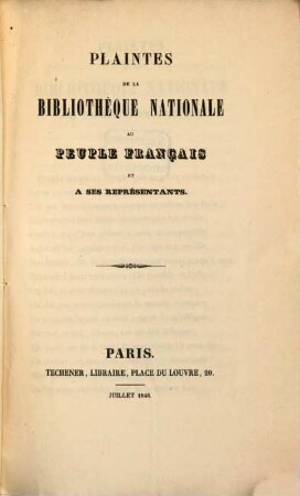 Plaintes de la bibliothèque nationale au peuple français et à ses représentants