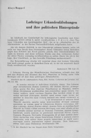 Lothringer Urkundenfälschungen und ihre politischen Hintergründe. Aloys Ruppel.