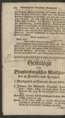 Genealogie Der Brandenburgischen Markgrafen in Franken und Preußen
