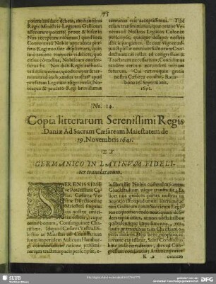 No. 14. Copia litterarum Serenissimi Regis Daniae Ad Sacram Caesaream Maiestatem de 19. Novembris 1641