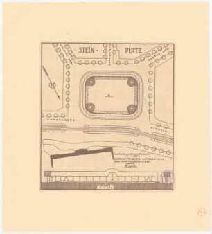 Steinplatz, Berlin-Charlottenburg: Platzanlage im Grundriss 1:500, Maßstabsleiste, Schnitt 1:250