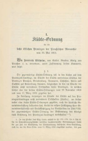 I. Städte-Ordnung für die sechs östlichen Provinzen der Preußischen Monarchie vom 30. Mai 1853.