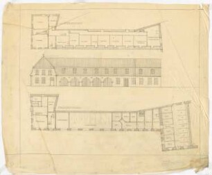 Schloss Erxleben Umbau I: Stallgebäude: Grundriss DG und EG, Ansicht 1:100