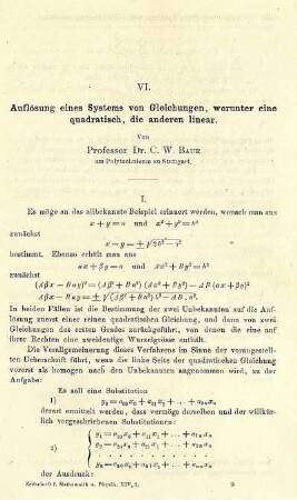 VI. Auflösung eines Systems von Gleichungen, worunter eine quadratisch, die anderen linear.