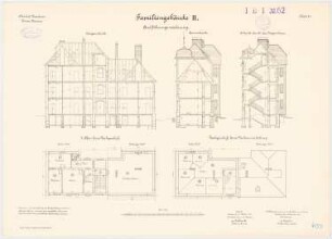 Pionierkaserne, Graudenz Familienwohnhaus II: Grundriss 2. Obergeschoss, Dachgeschoss, Längsschnitt, Querschnitte 1:100