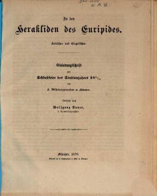 Zu den Herakliden des Euripides : Kritisches und Exegetisches