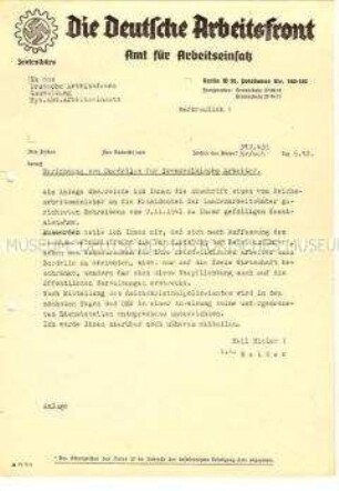 Rundschreiben des Zentralbüros der Deutschen Arbeitsfront über die Einrichtung von Bordellen für "fremdvölkische Arbeiter"
