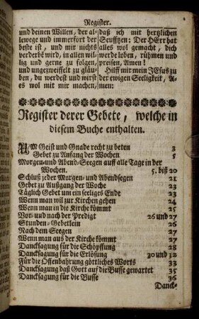 Register derer Gebete, welche in diesem Buche enthalten.