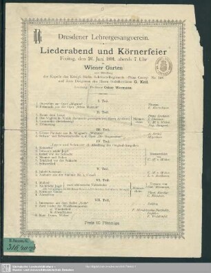 Liederabend und Körnerfeier : Freitag, den 26. Juni 1891, abends 7 Uhr im Wiener Garten ...