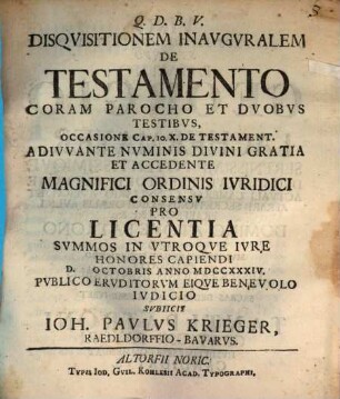 Disqvisitionem inavgvralem de testamento coram parocho et dvobvs testibvs