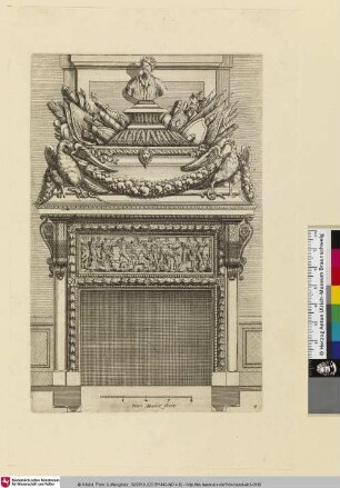 Diverses Inventions nouvelles pour des Cheminées, Bl. 9 [Wandabschnitt, Kamin mit antikisierendem Relieffeld: Krieger und angeschnittener Sockellambris sowie Grundrissausschnitt. (Wilke 2016)]
