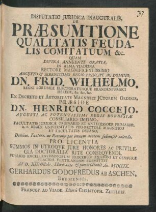 Disputatio Iuridica Inauguralis, De Præsumtione Qualitatis Feudalis Comitatuum &c.