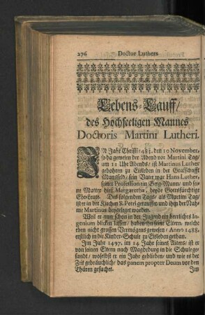 Lebens-Lauff/ des hochseeligen Mannes Doctoris Martini Lutheri.