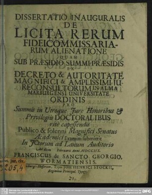 Dissertatio Inauguralis De Licita Rerum Fideicommissariarum Alienatione